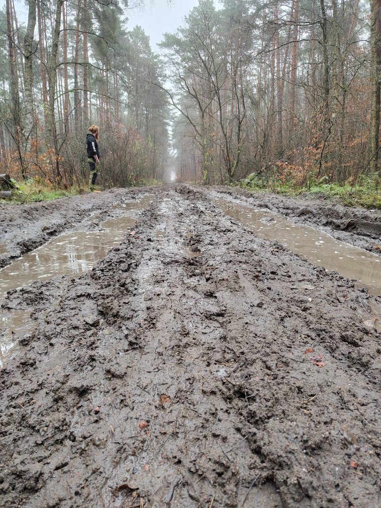Foto vom sehr schlammigen Waldweg in Polen. Chris steht an der Seite und guckt auf den Weg.